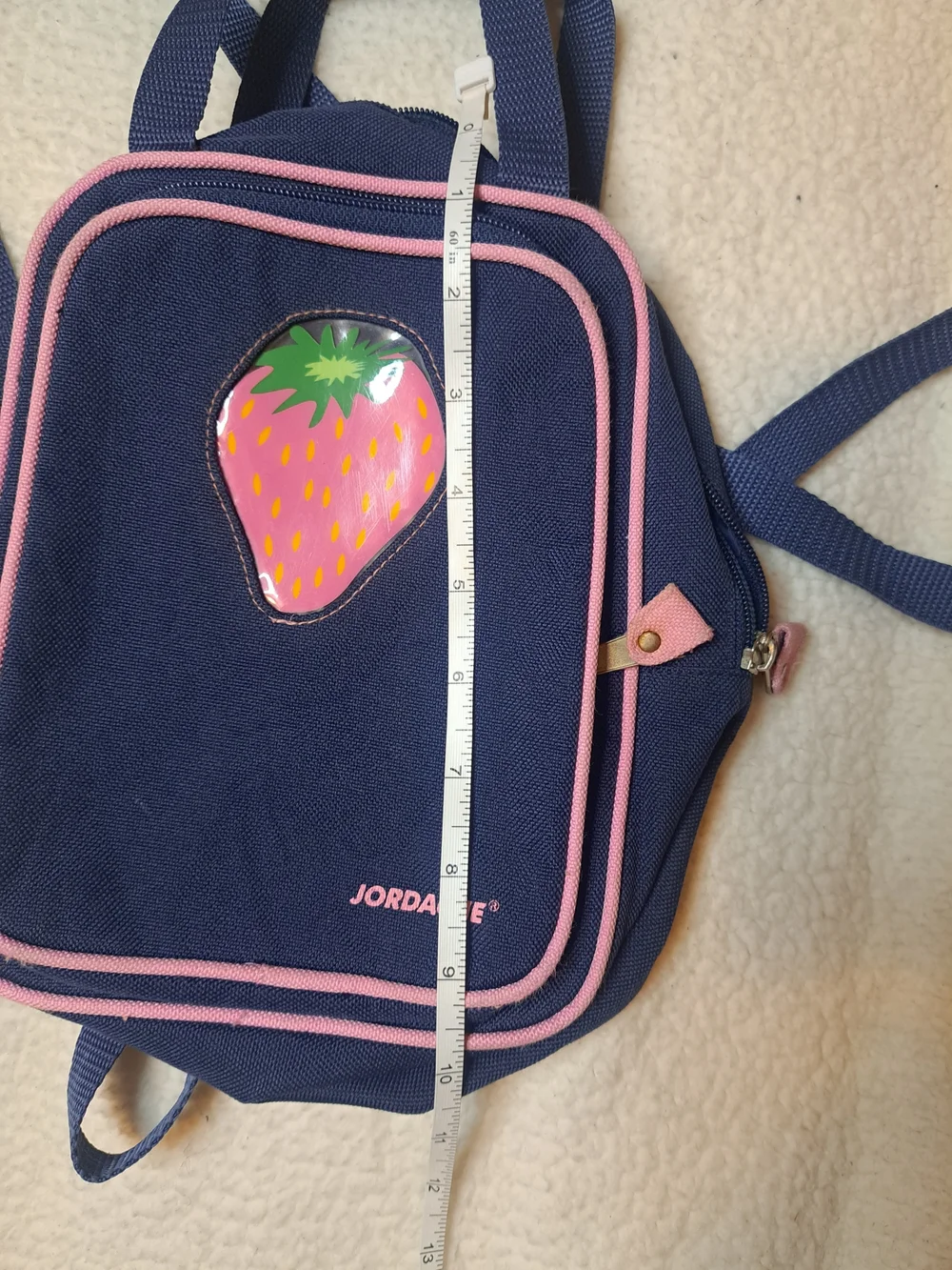 Vintage Jordache Kids Navy Mini Backpack with Pink Trim and Strawberry Patch